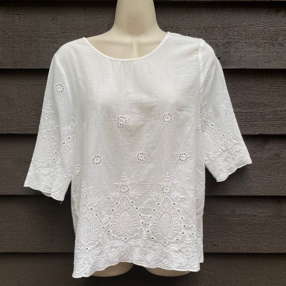 Lipslide White Embroidered Blouse M Cotton Cutwork Floral Cottage Fairy Boho